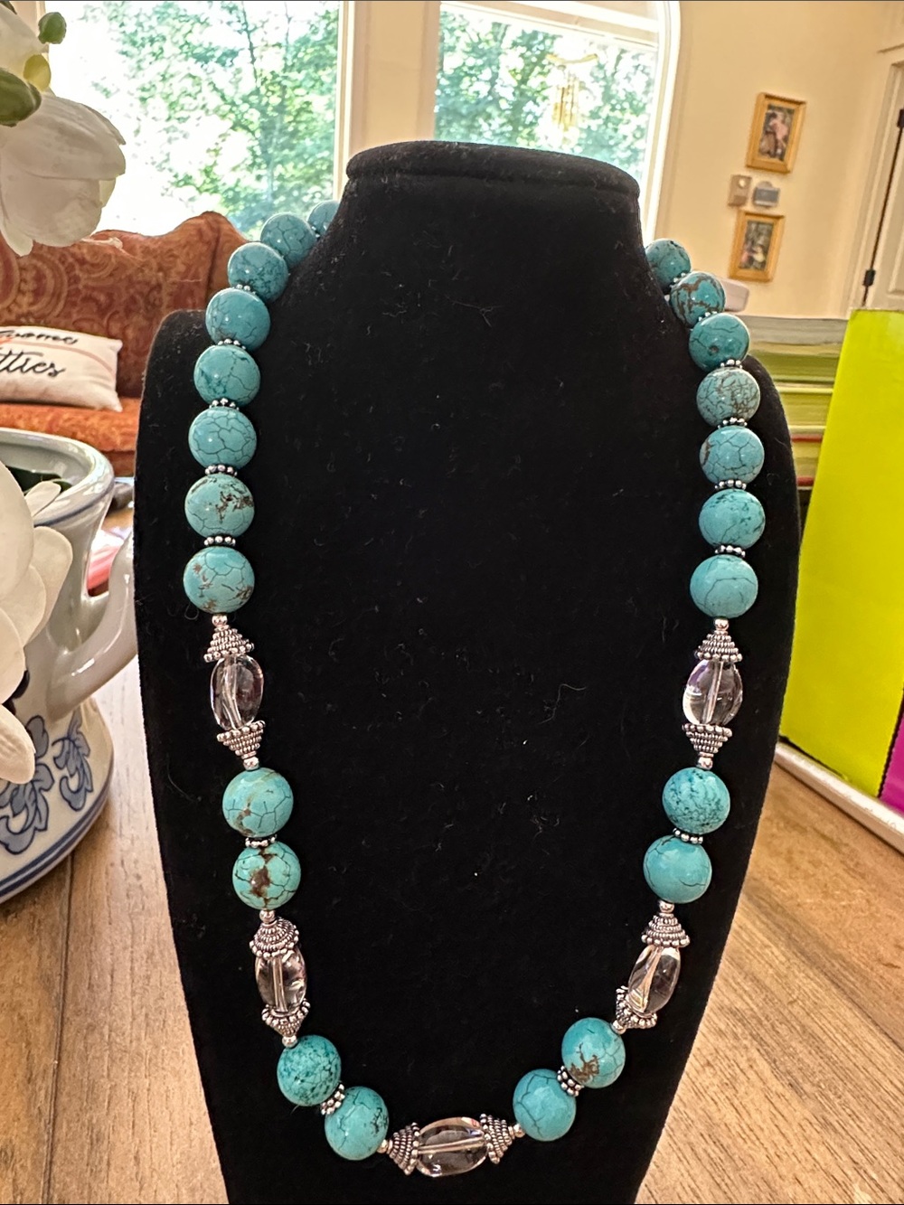 Turquoise Bead Statement Necklace with Silver Accents